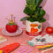 ceramic tomato plant mister with gold pump on a table surrounded by tomato and gardening items