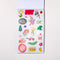 interior stickers of sticker book with black cover with colorful 'HIP HIP HOORAY IT'S A STICKER BOOK' across the front and gold elastic band
