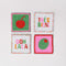 set of 4 beaded coasters: green beaded with cherry print, white with colorful beaded 'tres bien!', white with colorful beaded 'ooh lala', and pink with beaded olive.