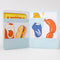 opened blue fridge with various food item bookmarks inside