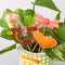Top view of set of 4 plant stakes: orange heart, pink cowboy boot, brown horseshoe, and pink bow