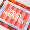 side view of set of three carryall pouches: pink and red striped 'FANCY SCHMANCY', realistic cloud print, and realistic cherry print