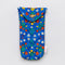 blue quilted sunglasses case with colorful folk print