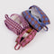 set of 3 3D zip set: pink plaid, pink tartan, and blue plaid with items inside