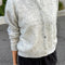 model wearing grey mohair button up cardigan