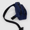 side view of clip on navy fanny pack with embroidered hello kitty with a milkshake and fishbowl