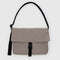 taupe large messenger bag with black strap and closure