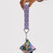 model holding lilac wrist lanyard with green smiley print with earbud case