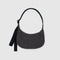 black washed denim small crescent bag with black adjustable strap