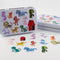 white tin with sketched colorful dogs and matching sticker flakes