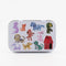 white tin with sketched colorful dogs