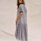 back view of model wearing pink and blue floral midi dress with tiered skirt, puffed short sleeves and blue trim on the neckline and sleeves