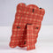 back view of red, peach and brown plaid scalloped fabric picture frame