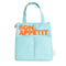 light blue lunch bag with orange 'bon appetit' across the front