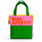 bubblegum, kelly green and yellow colorblock lunch bag with red bon appetit across the front