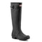 front view of tall black rubber rain boots with silver buckles on the side and hunter logo on the front