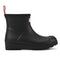 side view of black short rubber rain boots with hunter logo on the front