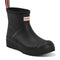 front view of black short rubber rain boots with hunter logo on the front