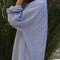 model wearing relaxed fit blue and white vertical stripe shin length shirtdress