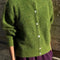 model wearing artichoke green mohair cardigan