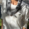 model wearing light grey bandana