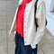 model wearing naturel snap front cotton cardigan