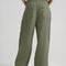 back view of model wearing olive green slouch chino pants with pleated front