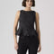 model wearing black denim peplum tank top