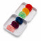 up close of set of 6 jelly bean colored mini hair claws with tin clip holder