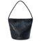 front view of black leather bucket bag