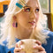 model wearing cream and blue bubble hair clips