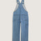 back view of stonewash relaxed fit overalls with multiple pockets and 'carpenter' type style