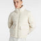 model wearing cream cropped puffer jacket