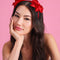 model wearing 2 red bow headband
