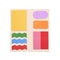opened sticky note folio with cream ground and colorful shapes with black 'notes' and yellow elastic closure