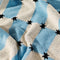 up close of light blue and white checkered terry cloth towel with black star print