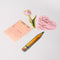 side view of set of 4 big stickers: realistic pencil, realistic pink tulip, library card, and pink heart that says 'shhh!!! i'm at a really good part!