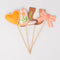 set of 4 plant stakes: orange heart, pink cowboy boot, brown horseshoe, and pink bow