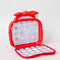 opened clear bag with red trim and bow handle with colorful quilt print