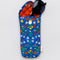 blue quilted sunglasses case with colorful folk print with sunglasses inside