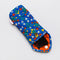 side view of blue quilted sunglasses case with colorful folk print