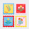 set of 4 colorful floral theme postage stamp shaped coasters