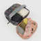 set of 2 packing cube set: grey beads and pink ballet icons with items inside