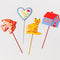set of 4 metal plant stakes: folk red bird, folk floral heart, yellow cat, and blue and red house
