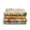 folded and sticked set of 4 dainty floral tea towels: white wildflower, goldenrod floral, pink floral, and sea foam strawberry print