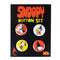 set of four snoopy halloween buttons: snoopy dracula, snoopy witch reading a book, snoopy skeleton, and snoopy witch head