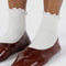 model wearing white lettuce trim socks with flats