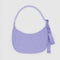 back view of lavender medium nylon crescent bag with embroidered my melody hugging a strawberry and white flower print