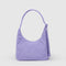 back view of lavender mini nylon shoulder bag with embroidered hello kitty and my melody holding hands