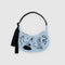 light blue small crescent bag with black embroidered ballet icon print and black strap